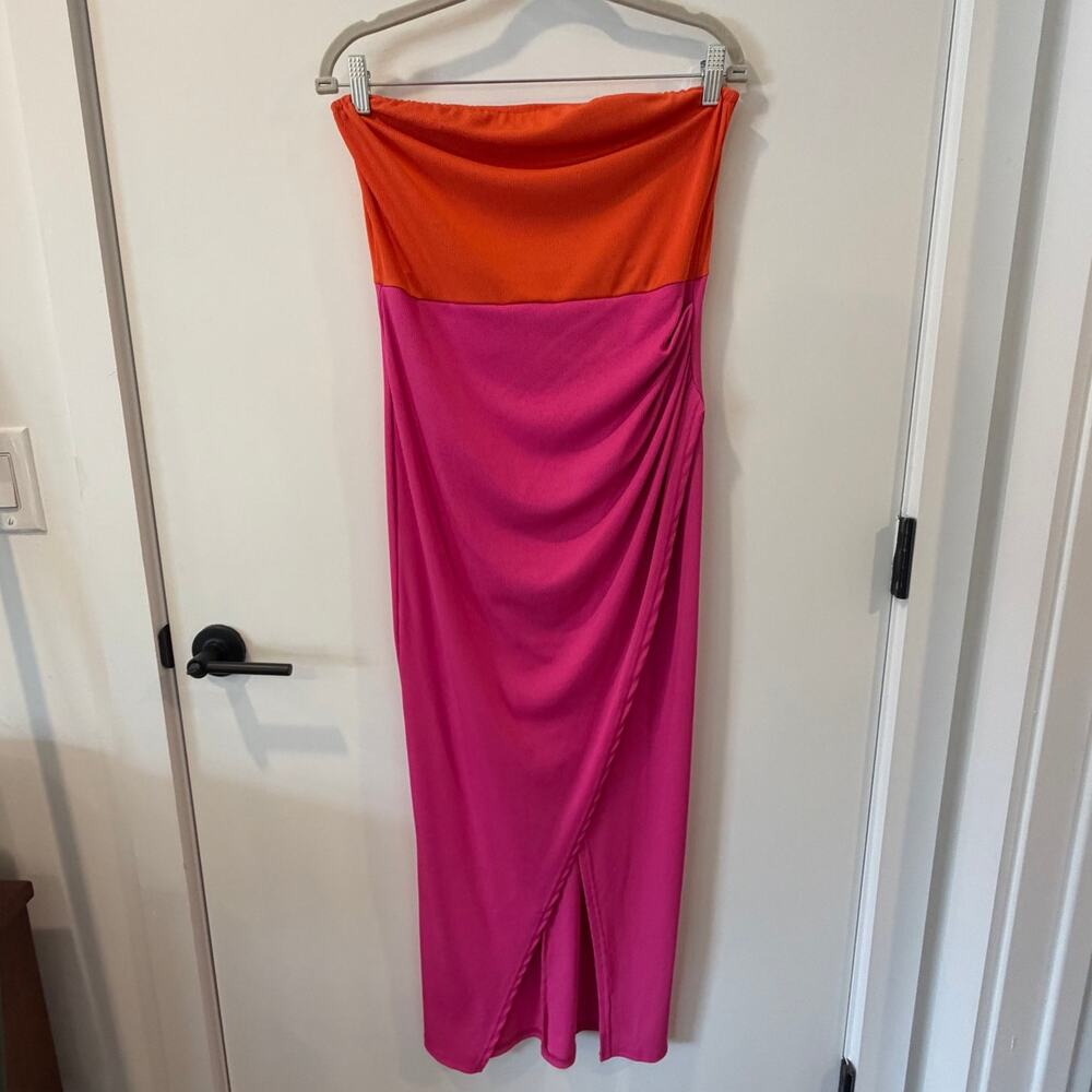 Pink and Orange Midi Tube Dress Vibrant Stylish Night Out Flattering Curvy - Picture 2 of 8